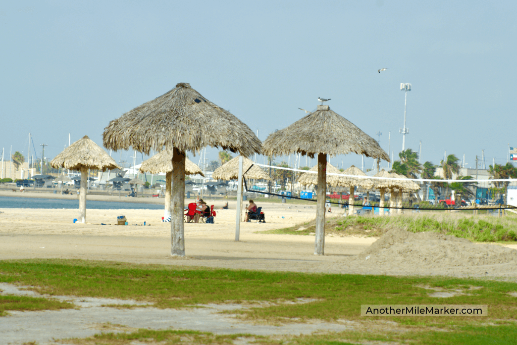 Cabanas and volleyball court on Rockport Beach